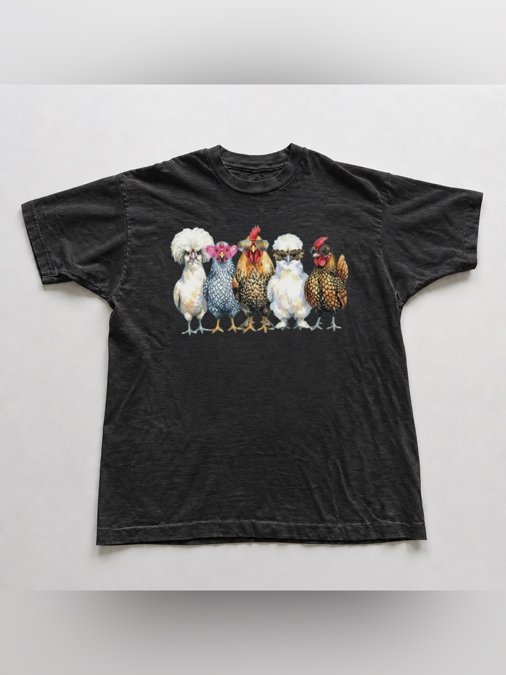 Black Short-Sleeve Tee with Colorful Chicken Row Graphic